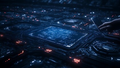 Poster - An intricate digital circuit board illuminated by blue and red lights, with a hand interacting with the glowing elements in an advanced technology environment.