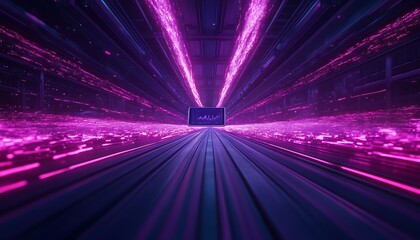 Poster - A vibrant digital scene with glowing purple beams radiating from a central point, creating a sense of depth and speed.