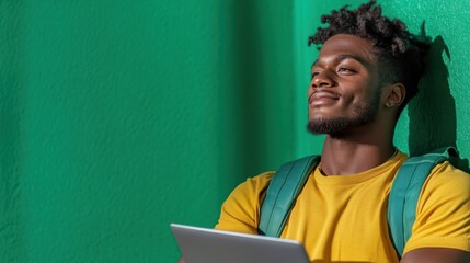 A relaxed young man with styled hair and casual attire holds a laptop while basking in sunlight against a bright green wall, reflecting relaxation and positivity.