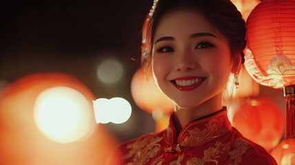 Wall Mural - Beautiful young Asian woman in traditional red dress celebrating Chinese New Year with glowing lanterns at night