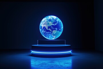 Poster - Glowing Earth globe display on illuminated pedestal, showcasing continents and oceans