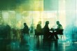 © SC-7 - People in an office meeting with a blurred background, featuring glass walls, natural light, and a green-blue color palette.