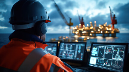 Wall Mural - image shows control room operator monitoring offshore oil rigs at dusk, showcasing advanced technology and focused atmosphere