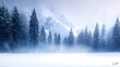 © Yuan - Serene Winter Landscape with Snow-Covered Trees and Majestic Mountains in the Fog, Capturing the Tranquility of a Frosty Morning Scene