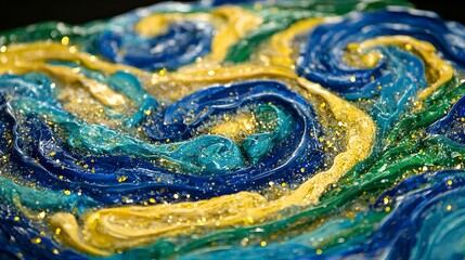 Poster - Vibrant Abstract Swirls of Blue and Yellow with Sparkles Captured in a Close-Up Vivid Artistic Expression of Movement and Energy in a Textured Design