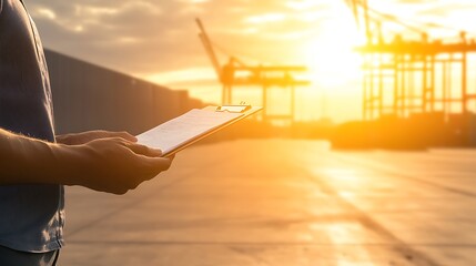 Leinwandbilder - A person holds a tablet with a sunset in the background, showcasing cranes and a bustling port environment.