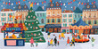 © Ardea-studio - Christmas market 2025. Vector cute illustration of city decorated winter festive square with Christmas tree, kiosk, houses, people, family, carousel with horses for greeting card, background or banner