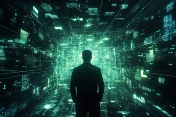 Poster - Digital landscape with silhouette, futuristic data visualization, technology concept