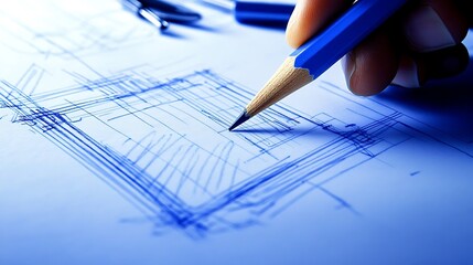 Fototapete - A close-up of a hand sketching blue architectural plans with a pencil on paper, surrounded by pens and geometric lines.
