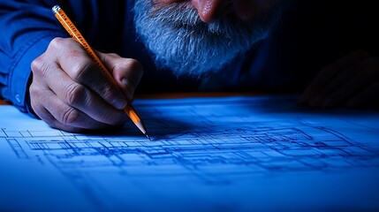 Fototapete - A person with a beard draws detailed architectural plans in dim lighting, highlighting artistry and craftsmanship.
