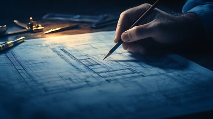 Poster - A hand sketches architectural plans on paper, illuminated by soft light, emphasizing precision and creativity in design.