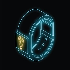 Poster - Neon glowing icon of smart watch showing heartbeat rate in isometric view