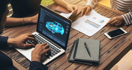 Poster - electric car design software on computer screen showing simulation blueprint snugly by digital calcu