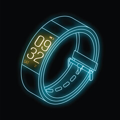 Poster - Futuristic smart watch with a luminous blue outline is showing the time and date on its display