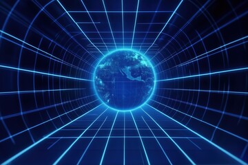 Poster - Digital tunnel with glowing Earth at center, futuristic grid design