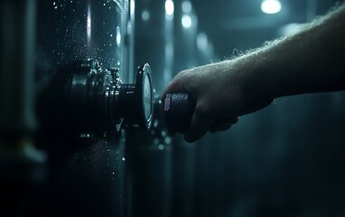 Poster - A hand operates a valve on a dark metal tank, with droplets of water visible, suggesting a moody, industrial setting.
