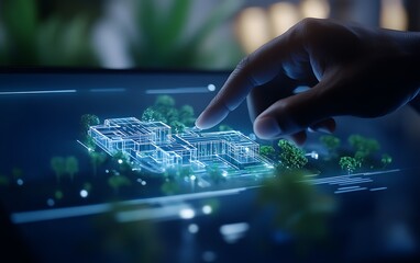 Poster - A hand interacts with a digital touchscreen displaying a 3D model of a futuristic city layout, showcasing buildings and greenery.