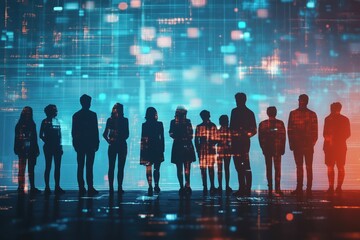 Poster - Silhouettes of people against digital background, vibrant colors, technology theme