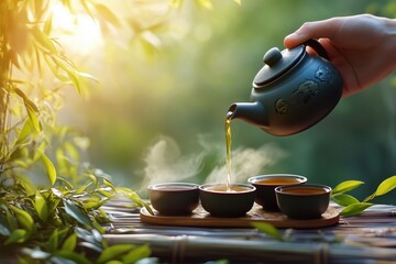 Wall Mural - Tea pouring from black teapot into cups, steam rising, serene nature background