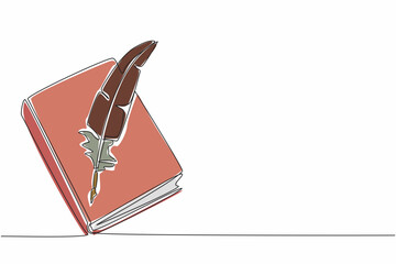 Poster - Continuous one line drawing quill in the middle of a closed book. Classic. Retro. Old school writing tools. Take notes. International Day of Education. Single line draw design vector illustration