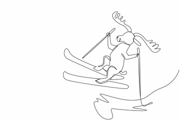 Wall Mural - Single continuous line drawing moose skiing on snow mountain. Recreation. Holiday. Vacation. Best way to spend time in winter. Not staying at home. World Snow Day. One line design vector illustration