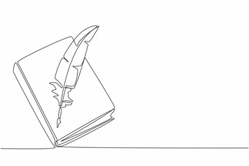 Poster - Continuous one line drawing quill in the middle of a closed book. Classic. Retro. Old school writing tools. Take notes. International Day of Education. Single line draw design vector illustration