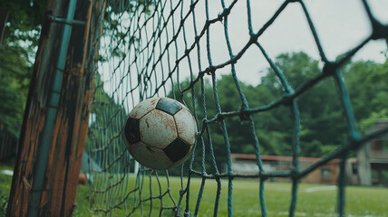 close up view of soccer ball hitting goal net, showcasing energy and excitement. scene captures essence of game in lush green environment