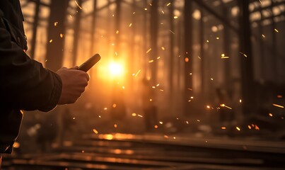 Aufkleber - A hand holding a smartphone is silhouetted against a glowing sunset, with sparks floating through the air in a dynamic, industrial setting.