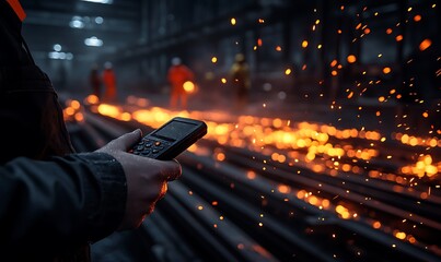 Poster - A worker holds a device amidst glowing sparks and industrial surroundings, highlighting the intensity of a manufacturing environment.
