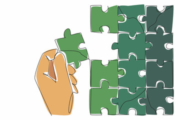 Aufkleber - Single continuous line drawing hand holding puzzle pieces and beside it is a large puzzle. Complementary pieces. Become an image. Perfect. National Puzzle Day. One line design vector illustration