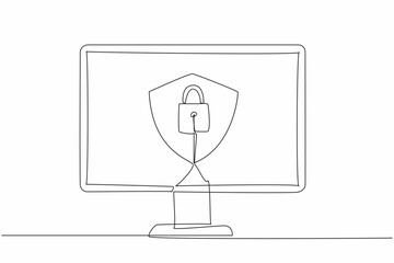 Wall Mural - Single one line drawing shield and padlock in the middle of the computer monitor. Computer use two security systems. Protecting. Secure. Data Privacy Day. Continuous line design graphic illustration