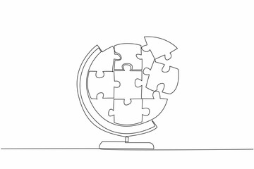 Poster - Single one line drawing a puzzle piece in shape of globe. Play while learning. Get to know the world through games. Sharpen the brain. National Puzzle Day. Continuous line design graphic illustration