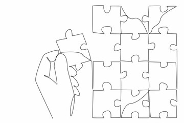 Aufkleber - Single continuous line drawing hand holding puzzle pieces and beside it is a large puzzle. Complementary pieces. Become an image. Perfect. National Puzzle Day. One line design vector illustration