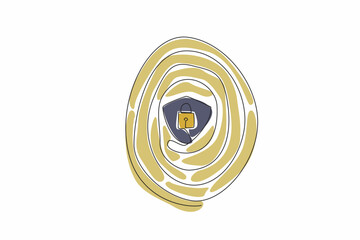 Poster - Single continuous line drawing fingerprints with a shield and padlock in middle. Security verification symbol. Electronic authentication method. Data Privacy Day. One line design vector illustration