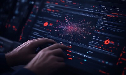 Poster - A close-up of hands typing on a computer keyboard, displaying intricate digital data visualization in a dark, high-tech environment.