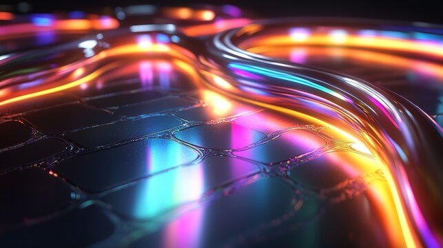 A 3D rendering of an abstract futuristic glossy background with iridescent rainbow reflections on a black surface. It features metallic twisted tubes, chrome waves, and curved lines, 