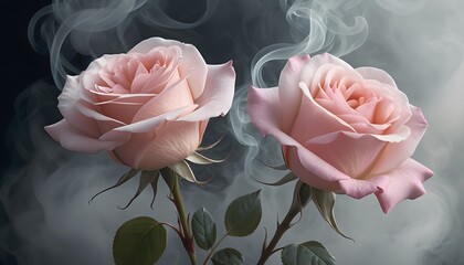 Aufkleber - Ethereal Illustration of Intertwined Delicate Pink Roses with Translucent Smoke for Artistic and Design Uses