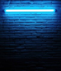 Poster - Blue neon light illuminating textured brick wall