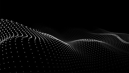 Poster - Wave of moving dots on an abstract dark background. 3D Vector illustration.