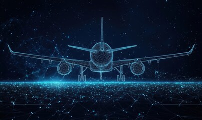 Poster - Wireframe airplane design against starry background, digital technology concept