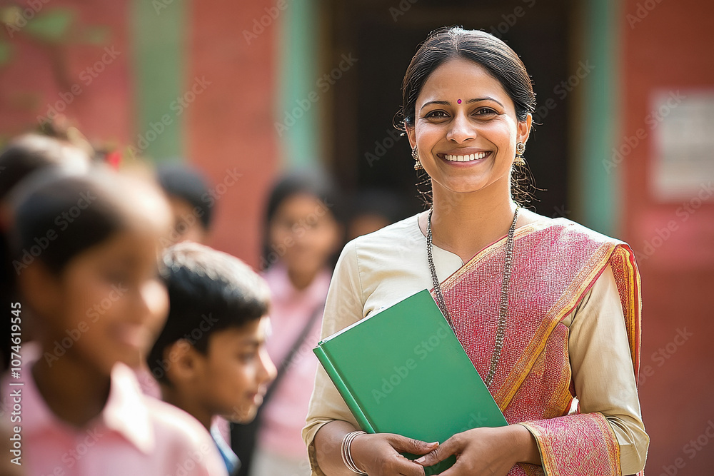 A beautiful Indian female teacher standing in front of her students ...