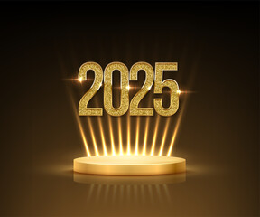 Wall Mural - Golden 2025 number above gold ribbon and podium with spotlight vector illustration. Merry Christmas and Happy New Year banner template. Festive postcard, xmas greeting card design.