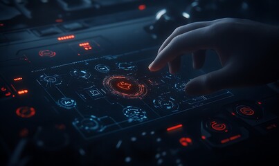 Poster - A close-up of a hand interacting with a futuristic control panel, featuring glowing buttons and intricate designs in a dark environment.