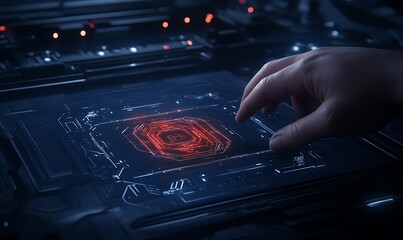 Aufkleber - A futuristic hand interacts with a glowing digital interface, showcasing advanced technology and intricate circuitry in a dark environment.