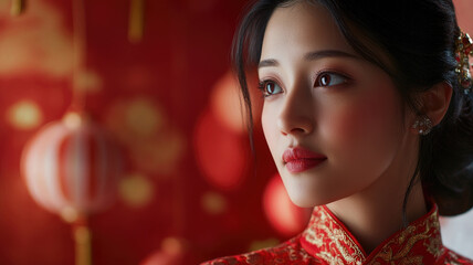 Wall Mural - Graceful young Asian woman in traditional dress with floral hair ornaments celebrating Chinese New Year