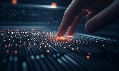 Poster - A futuristic hand interacts with glowing particles on a digital surface, symbolizing technology and innovation.