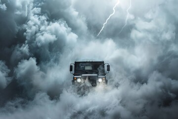 Naklejka na meble Racing truck drive among smoke, clouds and thunder in bad weather. Neural network ai generated art