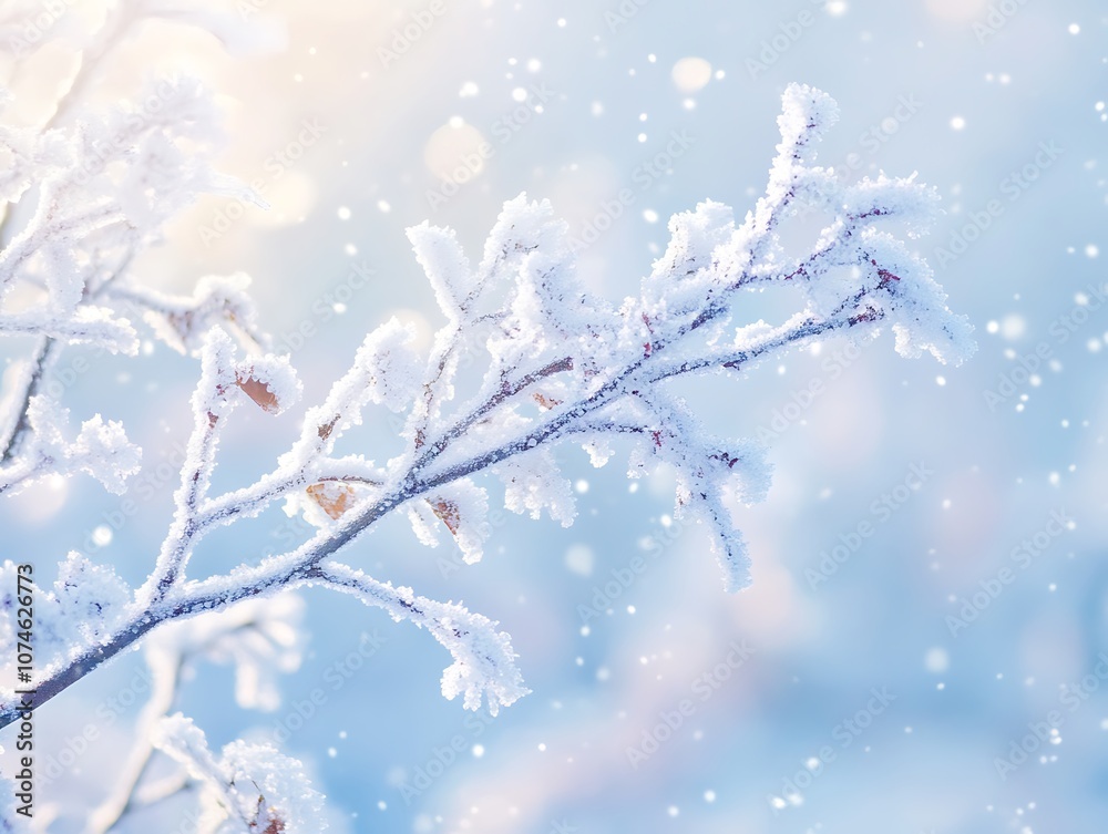 Close-up image of intricate snowflakes resting on a frosty surface with a soft pastel blue and pink background in winter.