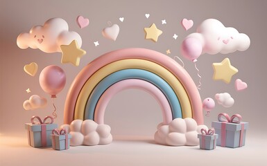 Poster - 3D baby product display podium banner with cute rainbow for the baby store, online shop, kid clothes and toys banner, fashion discount promotion for children on social media web design.