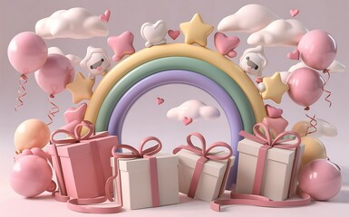 Poster - 3D baby product display podium banner with cute rainbow for the baby store, online shop, kid clothes and toys banner, fashion discount promotion for children on social media web design.